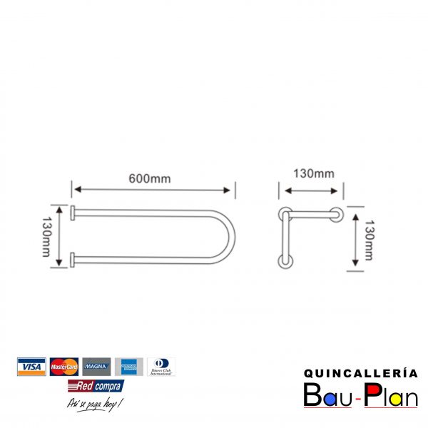 BARRA DE SEGURIDAD TRES APOYOS ACERO INOX. 304. 32mm.  600x130mm - Imagen 2